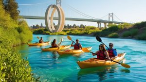 Kayakers paddling on a scenic river in Redding, California, enjoying outdoor recreation with a distinctive modern bridge in the background, showcasing Redding's natural beauty and adventure opportunities.