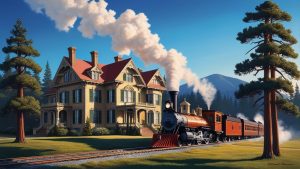 Historic steam locomotive passing a Victorian-style mansion surrounded by pine trees, capturing the charm and history of Redding, California's heritage sites and railroad culture.