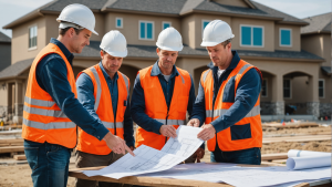 an image of a residential construction contractor overseeing a team of workers, reviewing blueprints, and inspecting a completed project. Showcase the importance of hiring a skilled contractor for quality workmanship and efficiency.