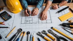 an image showing a residential construction contractor offering services like new home construction, remodeling, roofing, plumbing, and electrical work. Include tools, blueprints, and a diverse team of workers.