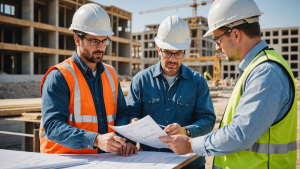 an image of a residential construction contractor reviewing blueprints, discussing with clients, inspecting materials, and supervising workers on a construction site. Show a variety of factors to consider when choosing a contractor.