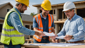 an image of a residential construction contractor collaborating with a client, discussing plans, reviewing blueprints, and shaking hands. Show mutual respect, communication, and teamwork in action.