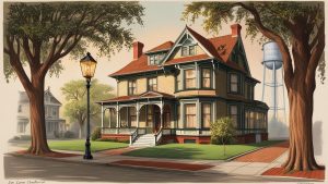 a historic Victorian house on a tree-lined street, with a vintage streetlamp and a glimpse of the city's iconic water tower in the background.