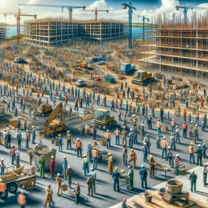 A bustling construction site with numerous workers in safety vests and hard hats, surrounded by various construction equipment and tall cranes. The image shows partially built structures with a mix of activity, highlighting the scale and complexity of the ongoing project.