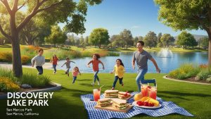 A scenic park scene with families and children enjoying the outdoors near a lake. The lush green landscape, flowering plants, and a fountain in the background create a relaxing and inviting environment, suggesting recreational opportunities in San Marcos, California.