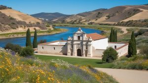 A historic Spanish-style mission building with a backdrop of rolling hills and a nearby river. The white building, surrounded by colorful wildflowers and greenery, reflects the cultural heritage and natural beauty of the San Marcos, California area