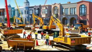 Construction site in San Rafael, California, showcasing workers, cranes, and excavators in action against a backdrop of colorful, architecturally styled buildings. Perfect depiction of urban development projects requiring high-performance bonds.