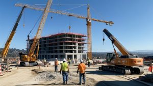 A large construction project in San Rafael, California, featuring cranes and heavy equipment with workers on-site, building a multi-story structure. Highlights the importance of high-performance bonds for public and private developments.