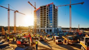 A bustling construction project in San Ramon at sunset, emphasizing the importance of performance bonds for large-scale developments.