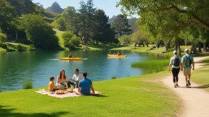 Family enjoying a picnic by the lake in San Ramon, California, symbolizing the secure and thriving community made possible by well-bonded infrastructure projects.