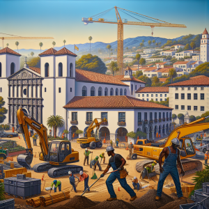 Construction site in Santa Barbara with red-tiled roofs, palm trees, and workers operating machinery. The image emphasizes the region’s distinct architectural style and the role of performance bonds in local building projects.