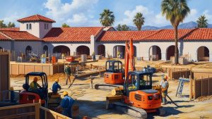 Santa Barbara construction site featuring cranes, excavators, and workers amidst Spanish-style architecture. This image highlights ongoing infrastructure projects that may require performance bonds in Santa Barbara, California.