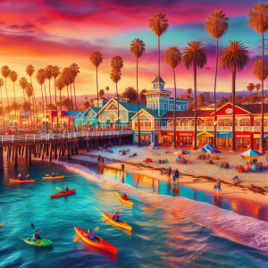 Colorful sunset view of Santa Barbara beachfront with kayakers, palm trees, and vibrant seaside buildings. This image showcases Santa Barbara’s popular beach areas, attracting projects that often require performance bonds.