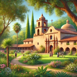 an image of the Santa Clara Mission, showcasing its adobe architecture, historic bell tower, and lush gardens. Include a clear blue sky and visitors exploring the grounds.