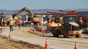 Construction crew and heavy machinery working on a large-scale project in Santa Cruz, California, showcasing progress and infrastructure development under sunny skies.