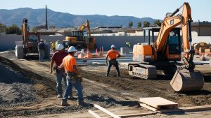 Close-up view of construction workers and equipment, including excavators and loaders, actively shaping a project site in Santa Cruz, California, with scenic hills in the background.