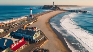 Breathtaking view of Santa Cruz’s iconic beach boardwalk with a lighthouse overlooking the Pacific Ocean, capturing the coastal charm and vibrant atmosphere of the city.