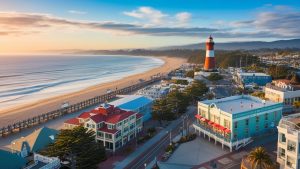 Picturesque Santa Cruz waterfront featuring colorful buildings, a historic lighthouse, and a serene beachfront, exemplifying the beauty and appeal of this California destination.