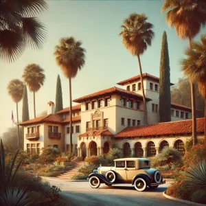 an image showcasing the historic Santa Maria Inn, a Spanish-style building with red-tiled roof, surrounded by lush gardens and palm trees. Include a vintage car parked in front.