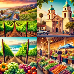 an image showcasing Santa Maria's top attractions: vineyards with rows of lush grapevines, a historic mission church, a bustling farmers market with fresh produce, and a scenic coastal view.