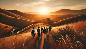 an image of a group of friends hiking through the rolling hills of Simi Valley, California, with the sun setting behind them, casting a warm golden light on the landscape.