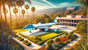 an image of the Ronald Reagan Presidential Library in Simi Valley CA. Show the iconic Air Force One plane parked outside the library, surrounded by lush greenery and a clear blue sky.