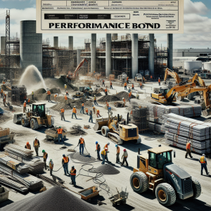 A bustling construction site with numerous workers, heavy machinery, and construction materials. A document labeled 'Performance Bond' is overlaid on the image, highlighting the importance of performance bonds in construction projects.