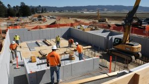 Construction workers building a concrete foundation on an outdoor construction site. The image shows workers in hard hats, with equipment like an excavator in the background, illustrating a real-world construction scenario in Tracy, California.