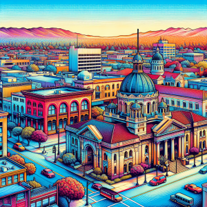 An artistic illustration of downtown Tracy, California, featuring vibrant, colorful buildings, historic architecture, and a lively street view with mountains in the background.