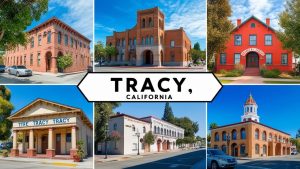 A collage of historic buildings in Tracy, California, showcasing the town’s architectural landmarks, including the Tracy Inn and the City Hall, under a bright blue sky.