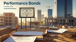 Construction site in Union City, California, with a large billboard displaying a performance bond certificate and construction workers in safety vests operating in the background.