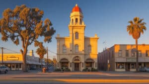Vintage-style commercial building with a visible 'Union City' sign, captured at sunset, reflecting the city’s architectural heritage and administrative presence in permit enforcement.