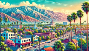 A scenic view of downtown Upland, California, highlighting Spanish-style architecture, palm trees, and the iconic San Gabriel Mountains under a sunny blue sky, reflecting the charm and cultural heritage of the city.