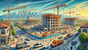 A bustling construction site in Upland, California, featuring cranes, construction vehicles, and workers building modern structures with the San Gabriel Mountains in the background, showcasing the city's urban development and progress.