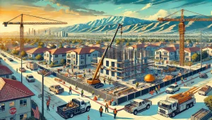 A vibrant suburban neighborhood in Upland, California, with construction activity underway, modern homes, and the picturesque San Gabriel Mountains in the backdrop, illustrating growth and community expansion.