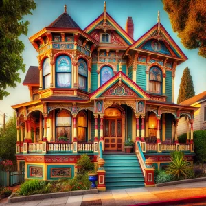 an image showcasing a historic Victorian house in Vallejo, CA, with intricate architectural details like colorful trim, ornate windows, and a wrap-around porch. Capture the essence of Vallejo's rich history and culture.