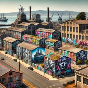 an image of the Mare Island Naval Shipyard in Vallejo, CA, showcasing vibrant street art murals, a historic industrial backdrop, and artists at work - capturing the essence of Vallejo's arts and entertainment scene.