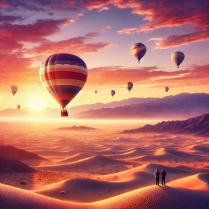 an image of a family enjoying a scenic hot air balloon ride over the Mojave Desert near Victorville, CA. Include a vibrant sunrise and distant mountains in the background.