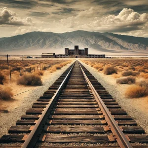 an image of an old, weathered railroad track stretching into the desert horizon, with the abandoned George Air Force Base in the background, capturing the history and culture of Victorville, CA.