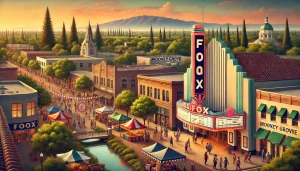 an image of Visalia, CA showcasing historic landmarks like Fox Theatre, Mooney Grove Park, and vibrant cultural festivals. Capture the essence of the city's rich history and diverse culture.