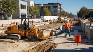 Active construction site in Walnut Creek, California, featuring heavy machinery and workers in safety gear. Highlights the role of performance bonds in ensuring project completion.