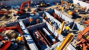 Complex infrastructure project in Walnut Creek, California, showcasing workers and construction machinery. Demonstrates the need for performance bonds in large-scale developments.