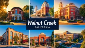 Montage of architectural highlights in Walnut Creek, California, including historic and modern buildings. Captures the city’s growing economy and the demand for performance bonds.