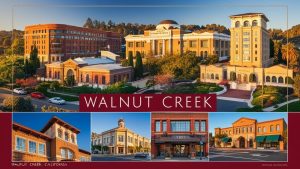 Collage of iconic buildings in Walnut Creek, California, featuring architectural landmarks and urban landscapes. Reflects the city’s thriving development and construction industry.