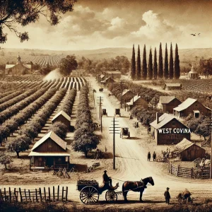 an image for a blog post about the History of West Covina, CA. Show a vintage black and white photograph of the original agricultural settlement with orchards, a small town center, and horse-drawn carriages.