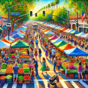 an image showcasing a bustling farmers market in West Covina. Include vendors selling fresh produce, colorful flowers, and handmade crafts. Capture the vibrant atmosphere with people browsing and engaging with the community.