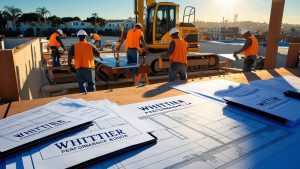 Construction workers in Whittier, California reviewing blueprints for a project secured with performance bonds, ensuring smooth and reliable project execution.