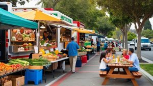 A vibrant outdoor market in Whittier, California with families enjoying fresh produce and vendors selling a variety of goods, highlighting the city's community spirit.