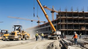 Construction site in Yuba City, California, featuring heavy machinery and workers actively building a large structure, showcasing infrastructure development and the importance of performance bonds.