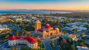 Scenic view of downtown Yuba City, California, with historic architecture and lush surroundings, highlighting the city’s growth and economic opportunities tied to performance bonds.